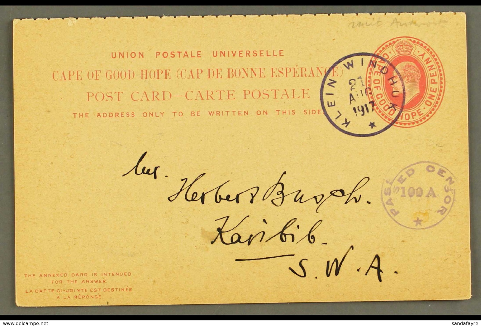 1917 (21 Aug) 1d + 1d KEVII Cape Complete Reply Card To Karibib Cancelled By Superb "KLEIN WINDHUK" Rubber Cds Pmk In Da - Afrique Du Sud-Ouest (1923-1990)