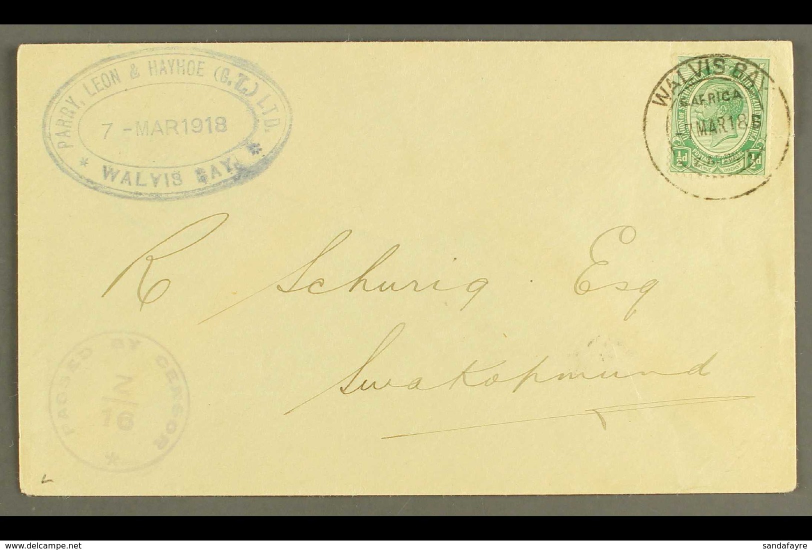 1918 (7 Mar) Cover To Swakopmund Bearing ½d Union Stamp Tied By Superb "WALVIS BAY" Cds Postmark, Putzel Type B7a, Fine  - Südwestafrika (1923-1990)