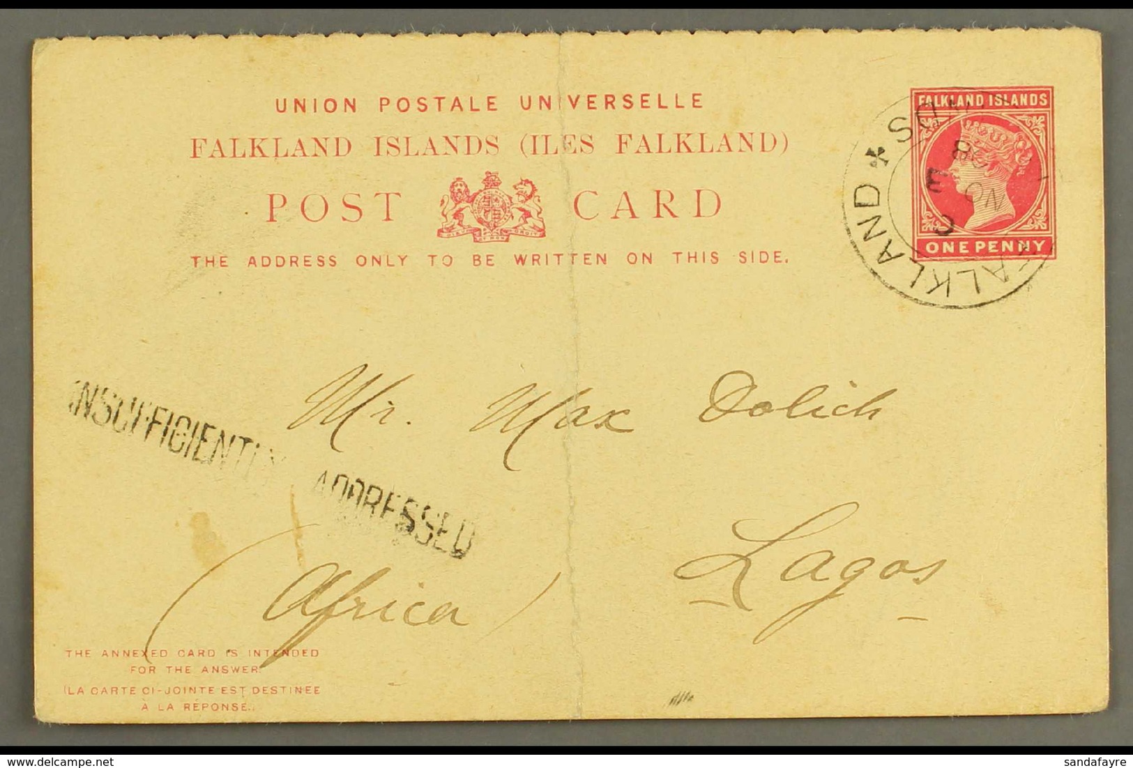 LAGOS Outward Portion Of 1d Reply Card Sent From The Falkland Is To Lagos (Africa) And Drawing An "Insufficiently Addres - Nigeria (...-1960)