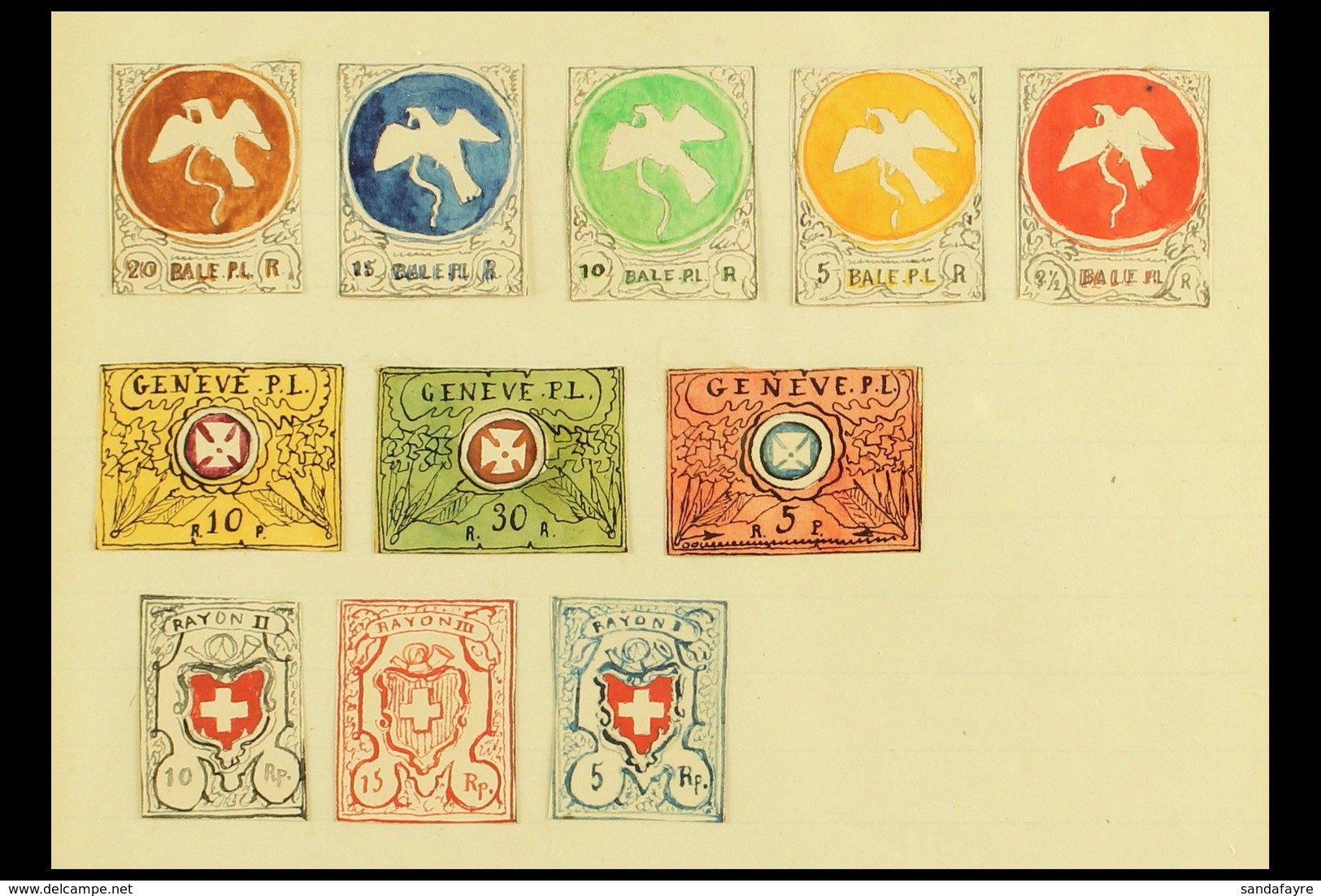 1861 HAND PAINTED STAMPS Unique Miniature Artworks Created By A French "Timbrophile" In 1861. A Colourful Group Comprisi - Autres & Non Classés