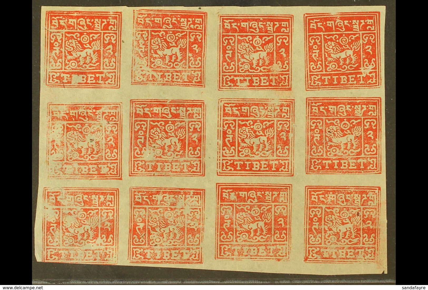 1933 2t Scarlet Imperf, SG 12B, A Superb COMPLETE MINT SHEET OF TWELVE From Setting IIb. (12 Stamps)  For More Images, P - Tibet