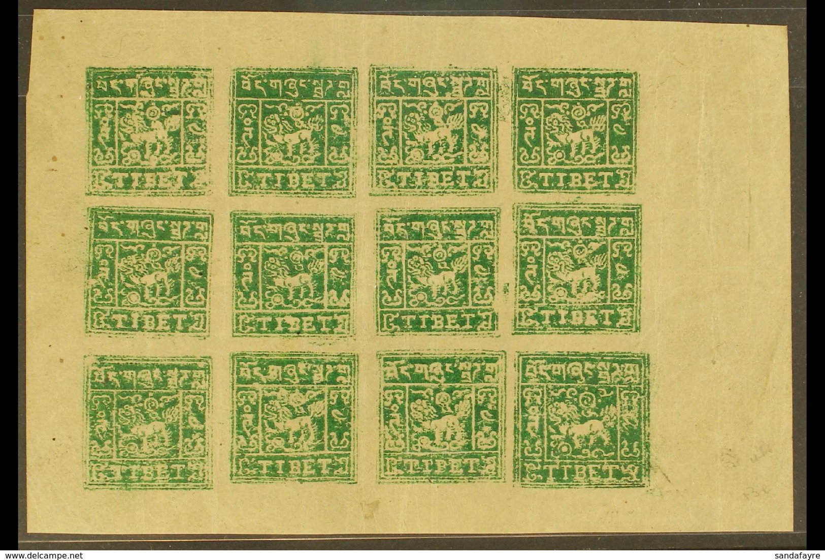 1933 4t Emerald-green Imperf, SG 13B, A Superb COMPLETE MINT SHEET OF TWELVE From Setting II, Showing The Slightly Large - Tibet