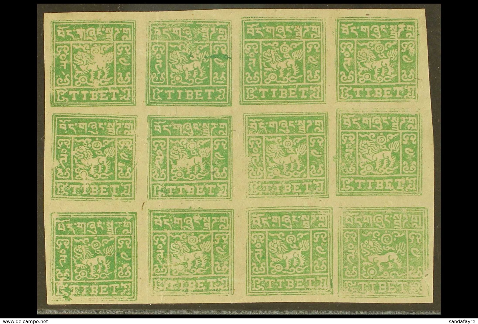 1947 4t Apple-green Imperf, SG 13Bb, A Superb COMPLETE MINT SHEET OF TWELVE From Setting II, Showing The Slightly Larger - Tibet