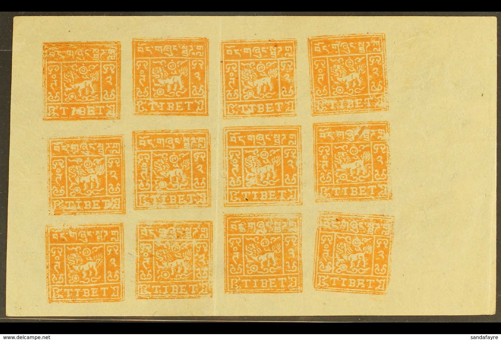 1950 2t Cinnamon Imperf, SG 12Bb, A Superb COMPLETE MINT SHEET OF TWELVE From Setting IIa, Showing The Cliche At Positio - Tibet