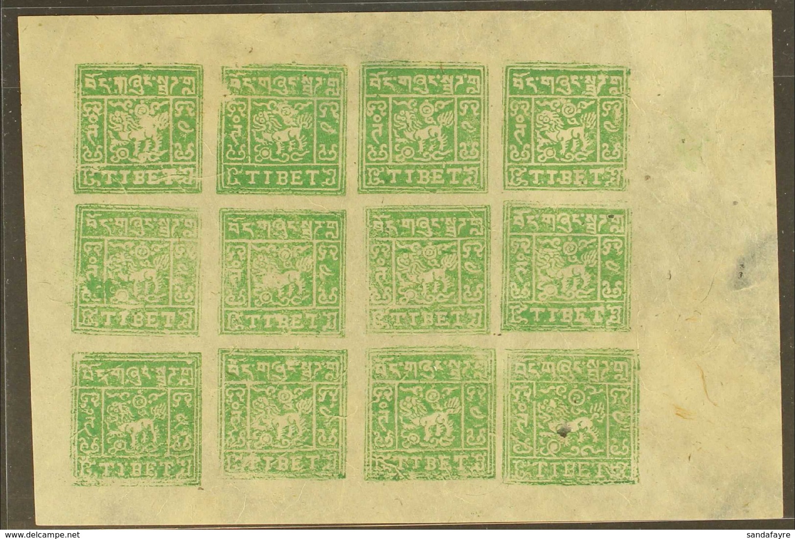 1950 4t  Dull Green Imperf, SG 13Bd, A Superb COMPLETE MINT SHEET OF TWELVE From Setting II, Showing The Slightly Larger - Tibet
