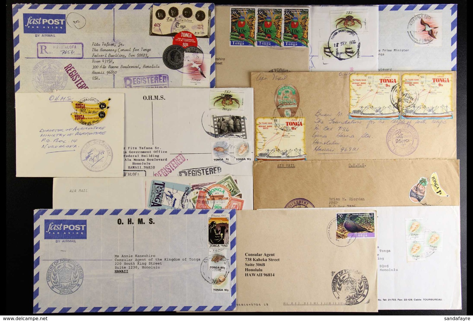 OFFICIAL MAIL 1980's-2000's Interesting Group Of Covers, Many With Multiple Frankings, A Few Registered, Showing Various - Tonga (...-1970)