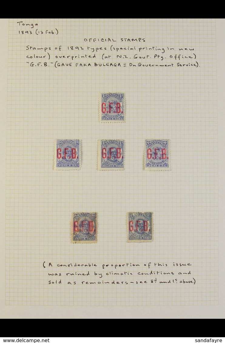 OFFICIALS 1893 Includes (Feb) "G.F.B." Overprints Set (poor 8d) With An Additional 1s, Plus (Dec) Surcharged Set Of Five - Tonga (...-1970)