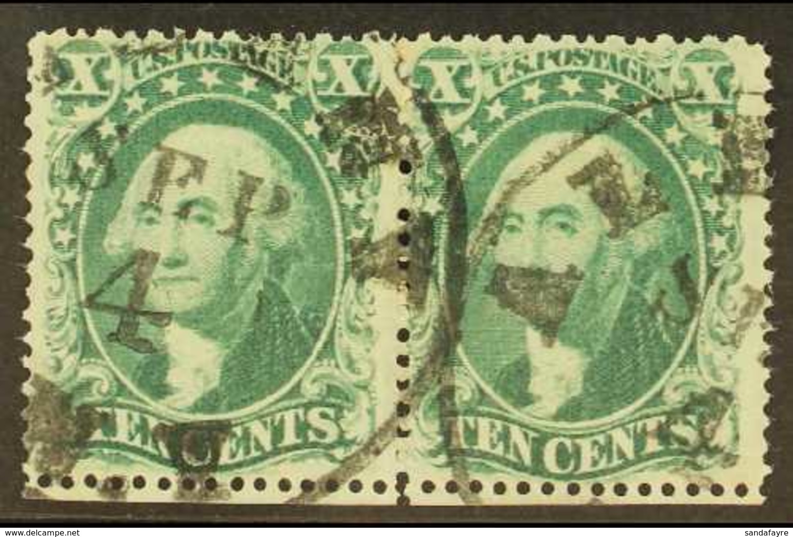 1857-61 10c Green Washington, Type III SG 37, Scott 33, Horizontal Pair Fine Cds Used, Buhler Guarantee Mark.  For More  - Sonstige & Ohne Zuordnung