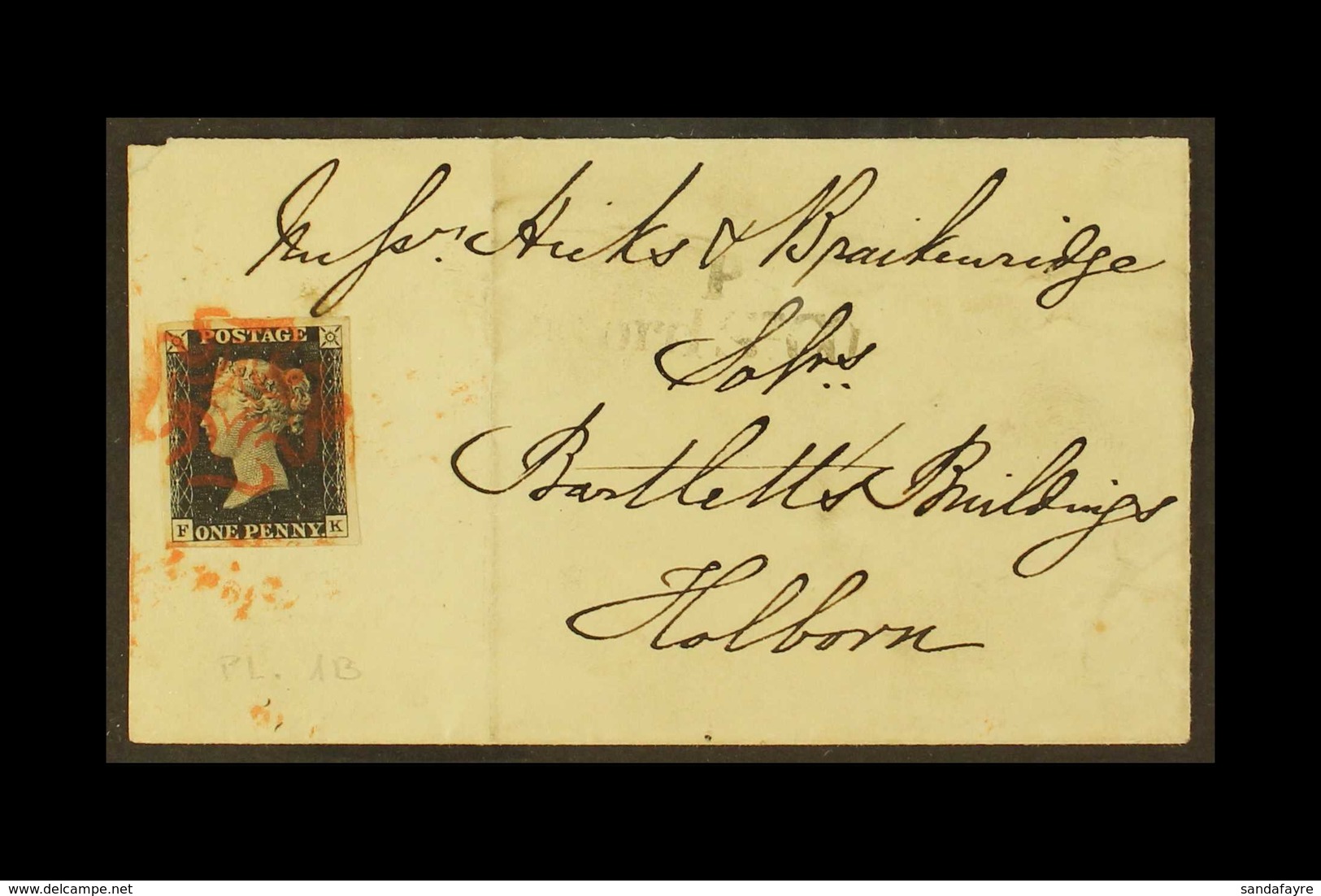 1840 (19 Jun) Wrapper Bearing 1d Black 'FK' Plate 1b With 4 Large Neat Margins Tied By Red MC Cancellation. File Crease  - Non Classés