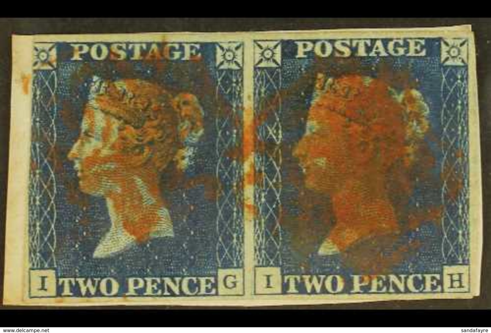 1840 2d Blue, SG 5, Plate 1, HORIZONTAL PAIR Lettered "IG - IH" On Small Piece, Fresh Colour, Just Into At Left Otherwis - Sonstige & Ohne Zuordnung