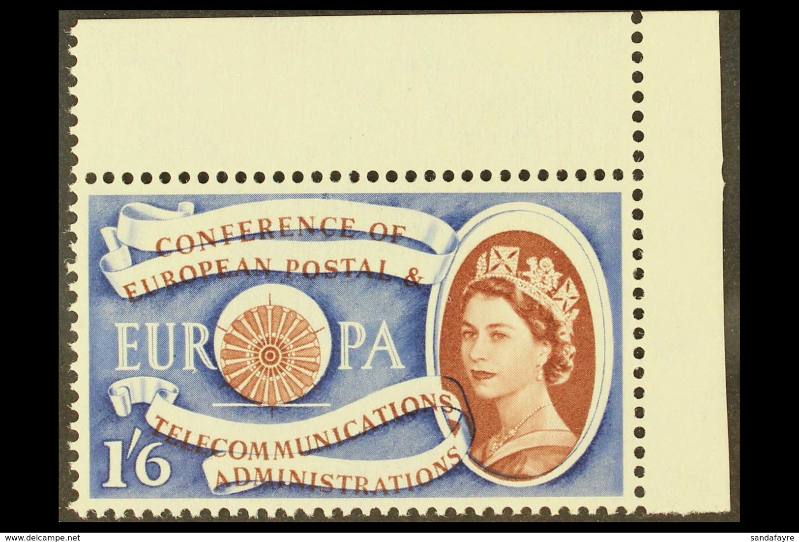 1960 EUROPEAN POSTAL CONFERENCE 1s6d Brown & Blue, SG 622, Corner Marginal Showing A BROWN COLOUR DOWNWARD SHIFT Printin - Sonstige & Ohne Zuordnung