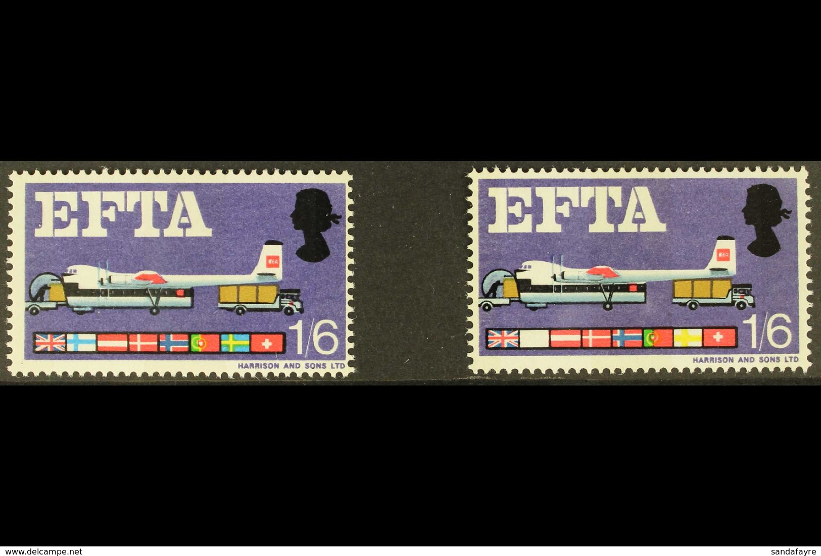 1967 EUROPEAN FREE TRADE ASSOCIATION (EFTA) 1s6d Multicoloured "Air Freight", MISSING NEW BLUE VARIETY, SG 716pf, Leavin - Autres & Non Classés