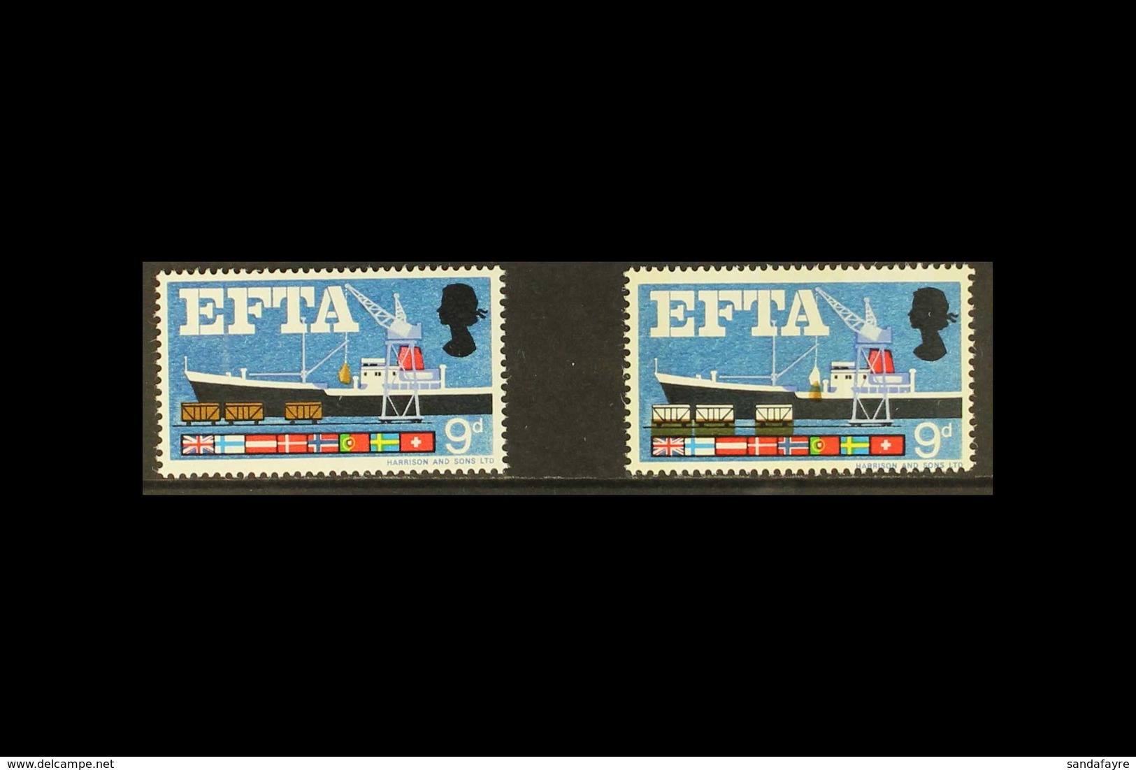 1967 EUROPEAN FREE TRADE ASSOCIATION (EFTA) 9d Multicoloured "Sea Freight", SG 715,  DOWNWARD SHIFTED BROWN VARIETY, lea - Autres & Non Classés