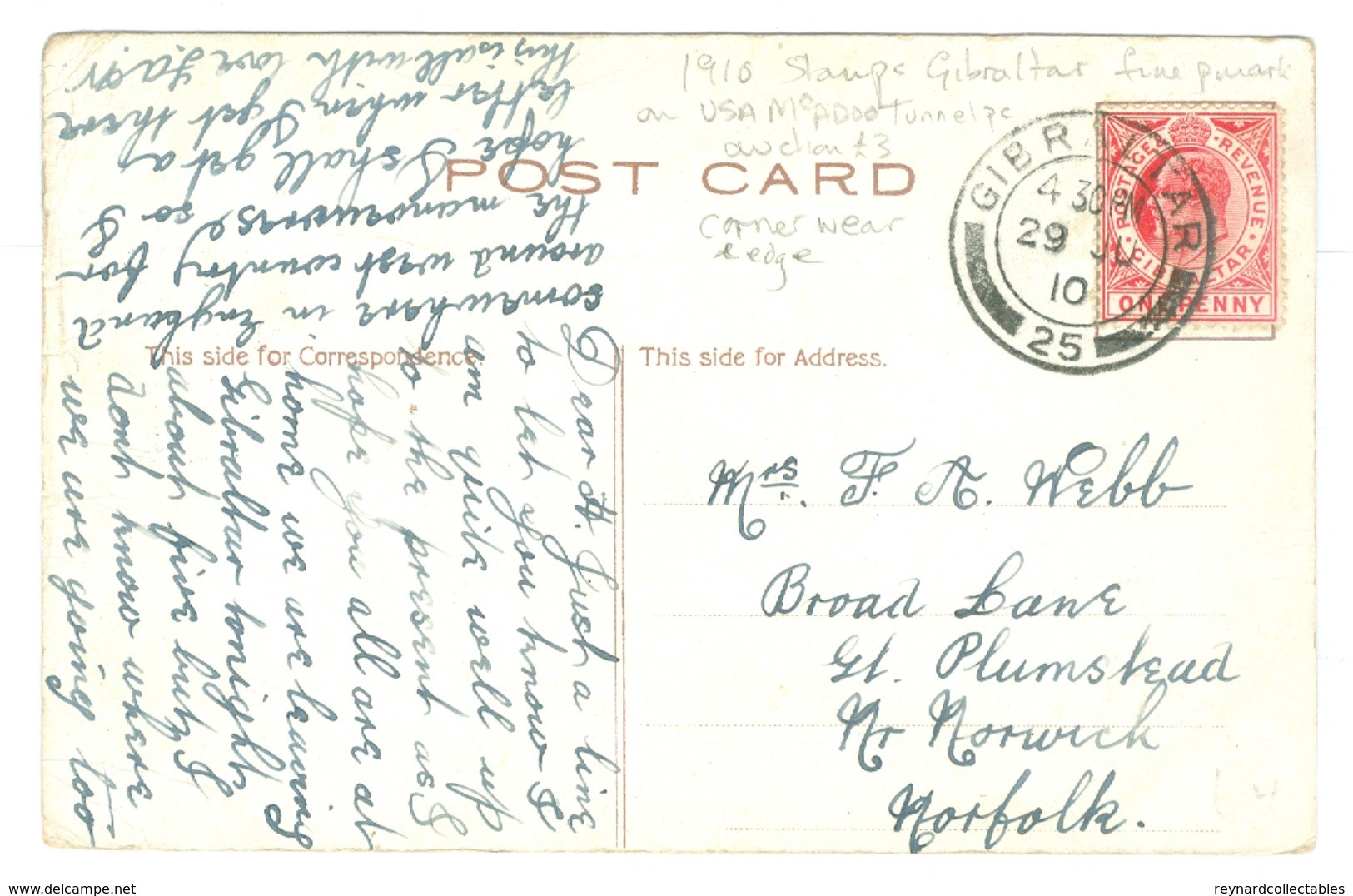 1910, Gibraltar, Fine Postmark, On USA McAdoo Tunnel New York Pc. - Gibraltar