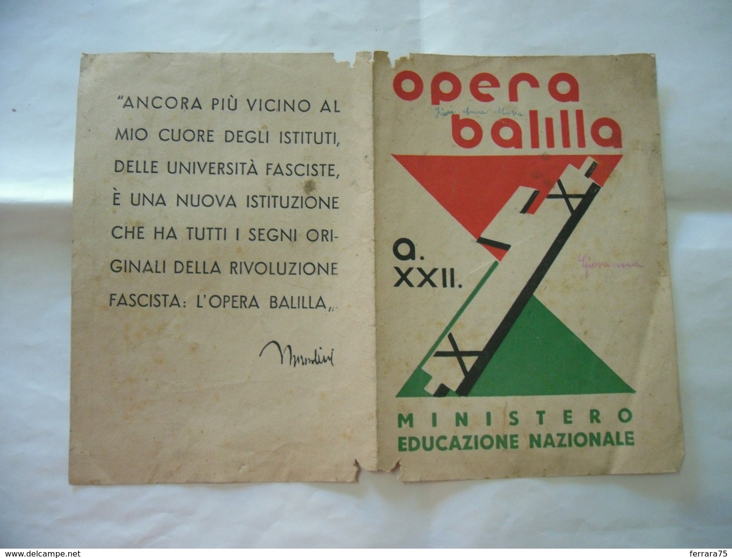 PAGELLA OPERA BALILLA SCUOLA BRENNO USERIA ARCISATE MALNATE VARESE  SORELLA 1944 - Diplomi E Pagelle