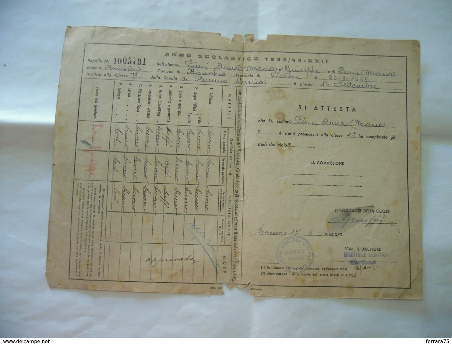 PAGELLA OPERA BALILLA SCUOLA BRENNO USERIA ARCISATE MALNATE VARESE  SORELLA 1944 - Diplomi E Pagelle