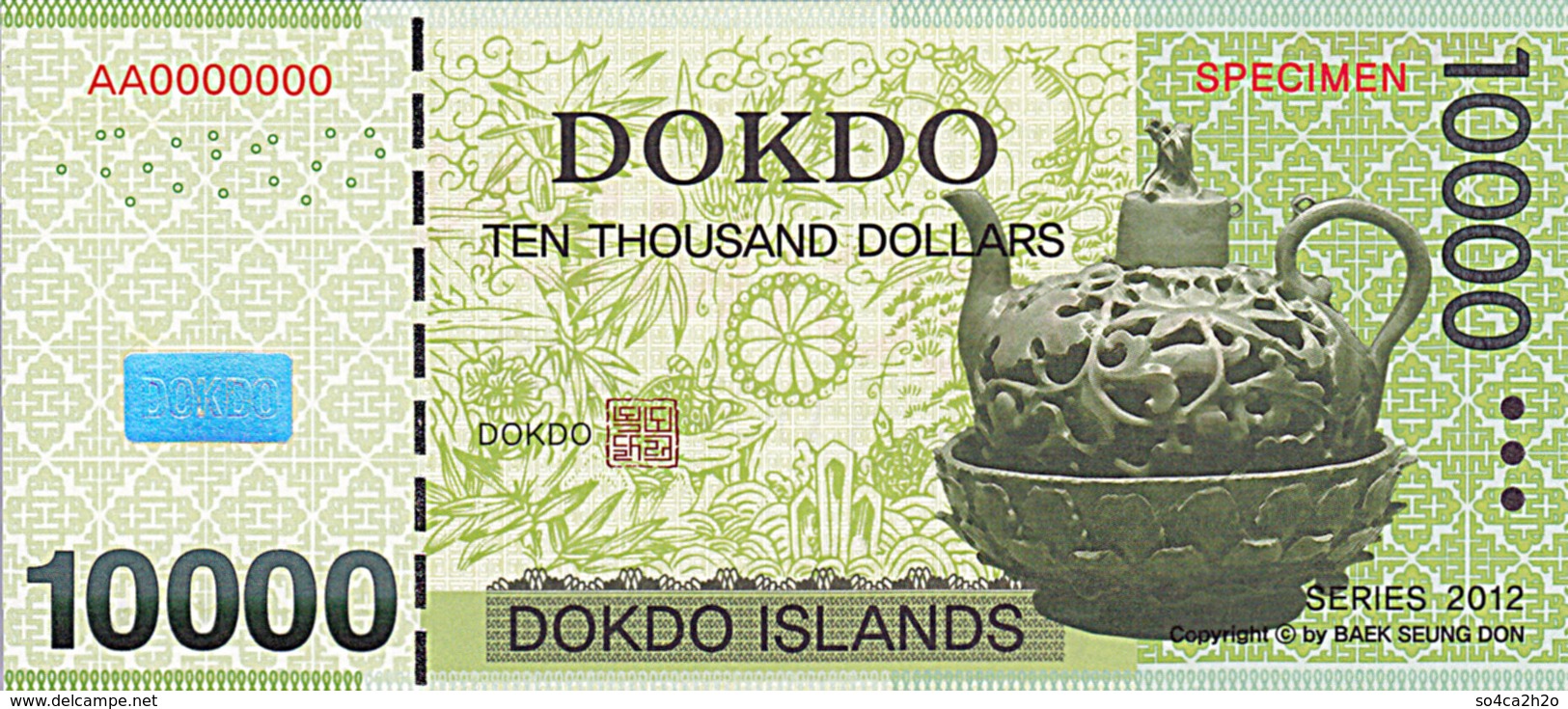Specimen Île DOKDO Corée 10 000 Dollars 2012 UNC - Fictifs & Spécimens