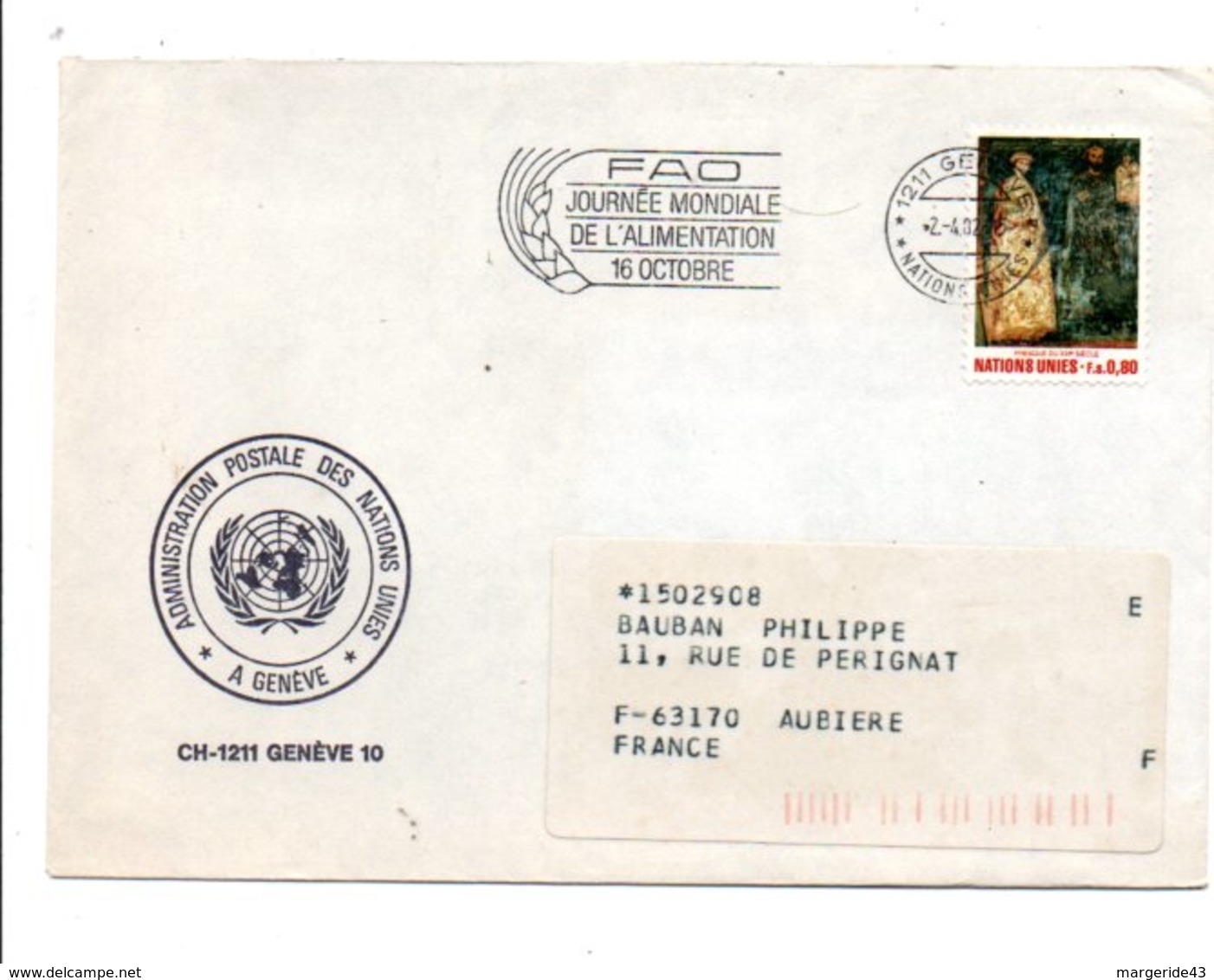 NATIONS UNIES LETTRE DE GENEVE POUR LA FRANCE 1982 - Lettres & Documents