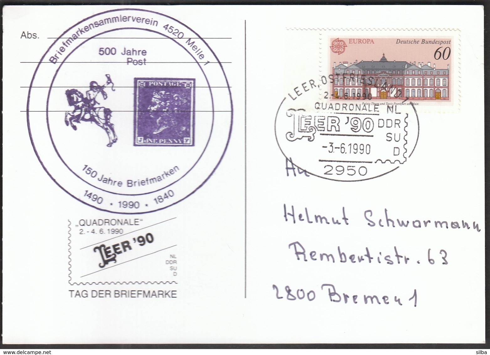 Germany Leer 1990 / Philatelic Exhibition QUADRONALE LEER / 500 Years Of Post / Stamp Day - Philatelic Exhibitions