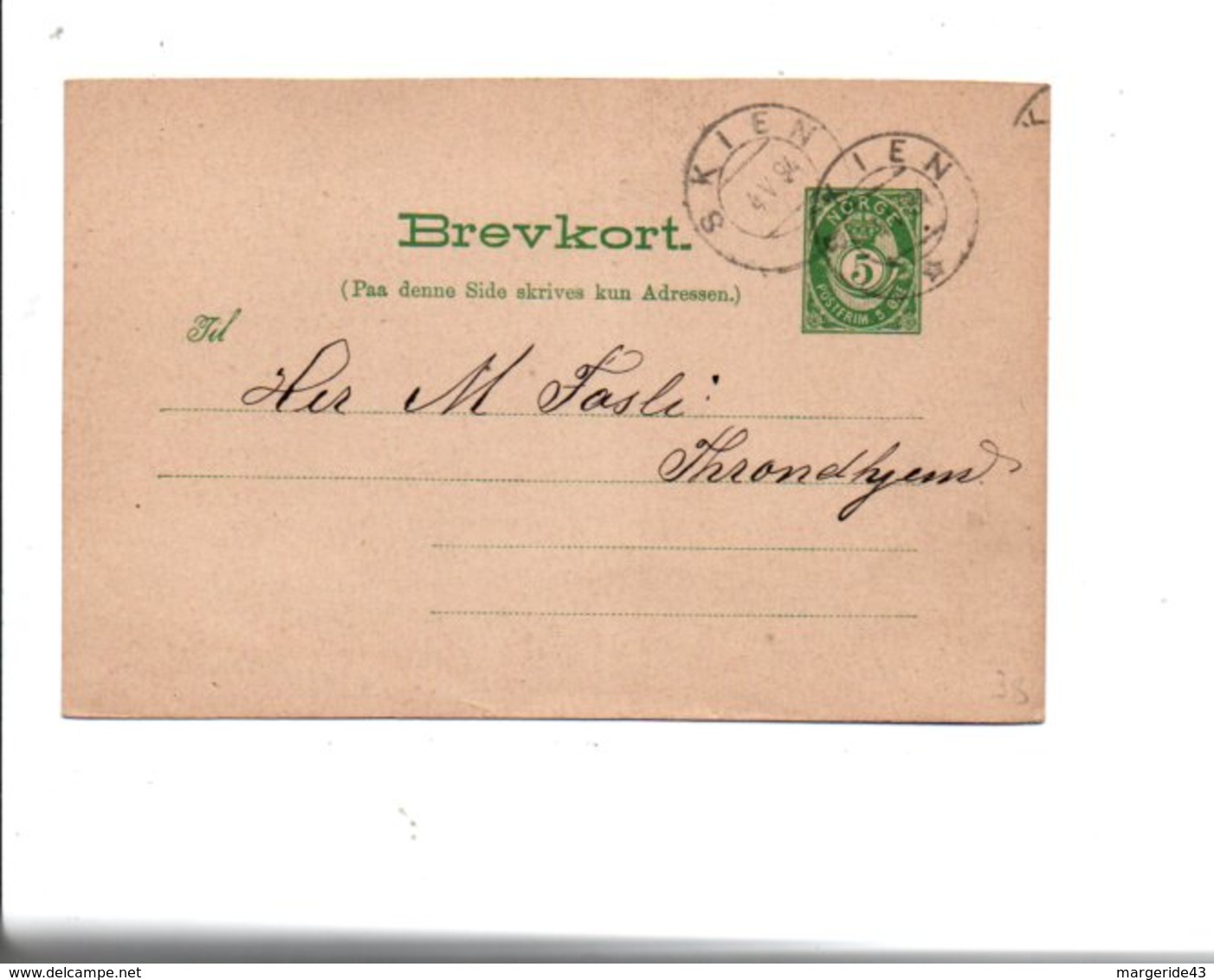 NORVEGE ENTIER CARTE DE KIEN DU 4/5/1894 - Briefe U. Dokumente