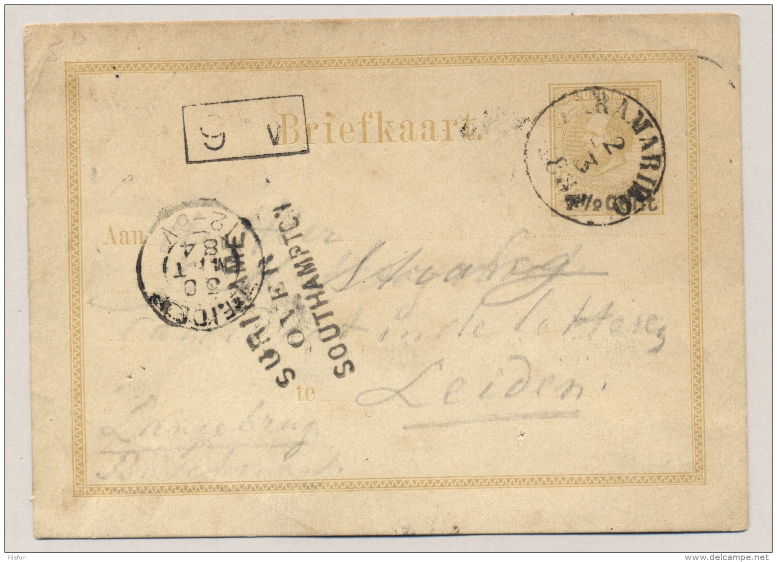 Suriname - 1884 - 7,5 Cent Opdruk Op 12,5 Cent Willem III, Briefkaart G5a Over Southampton Naar KR Leiden - Suriname ... - 1975