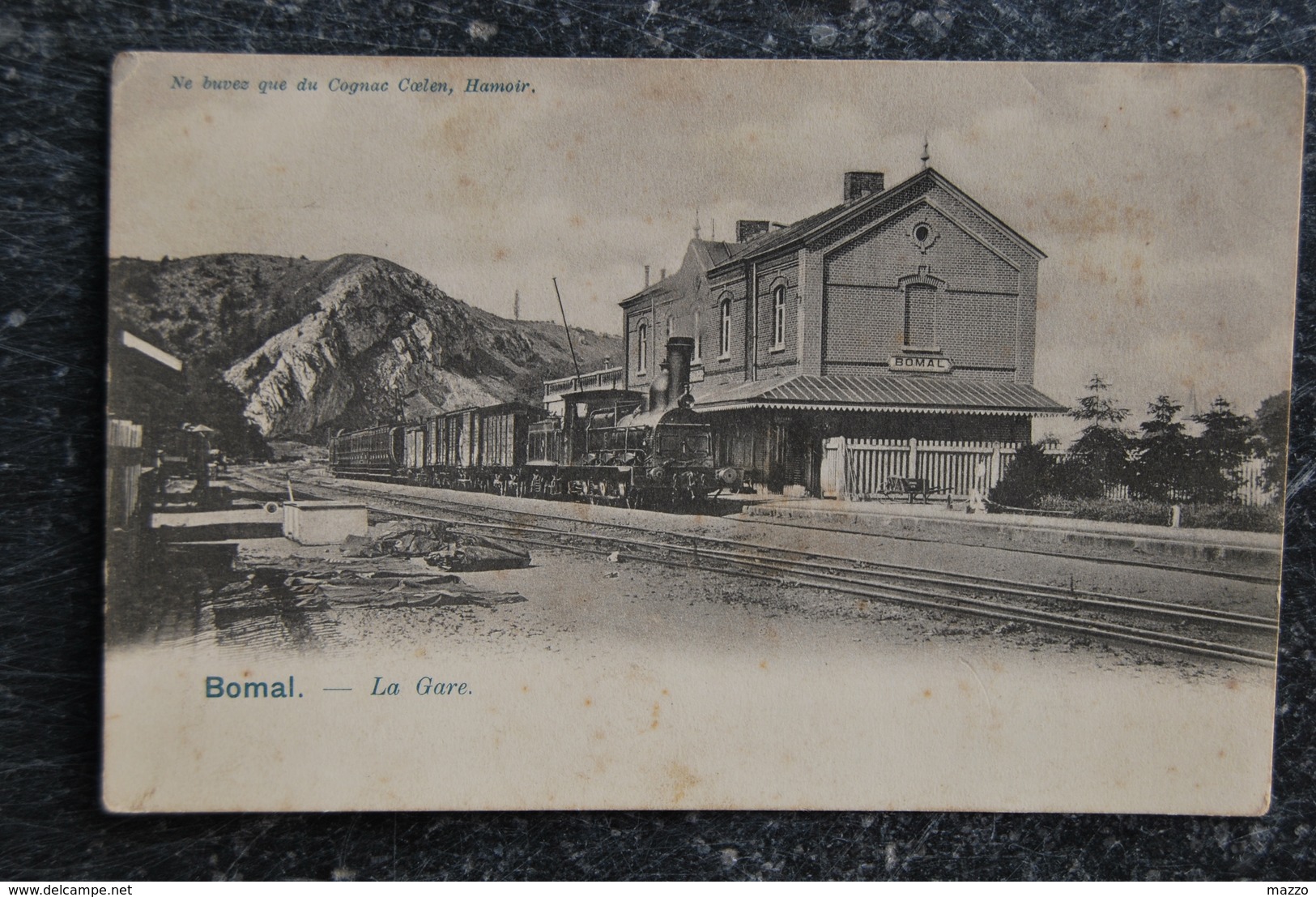 1412/ BOMAL - La Gare -Train Vapeur (pub; "Ne Buvez Que Du Cognac Coelen" Hamoir) - Gares - Avec Trains