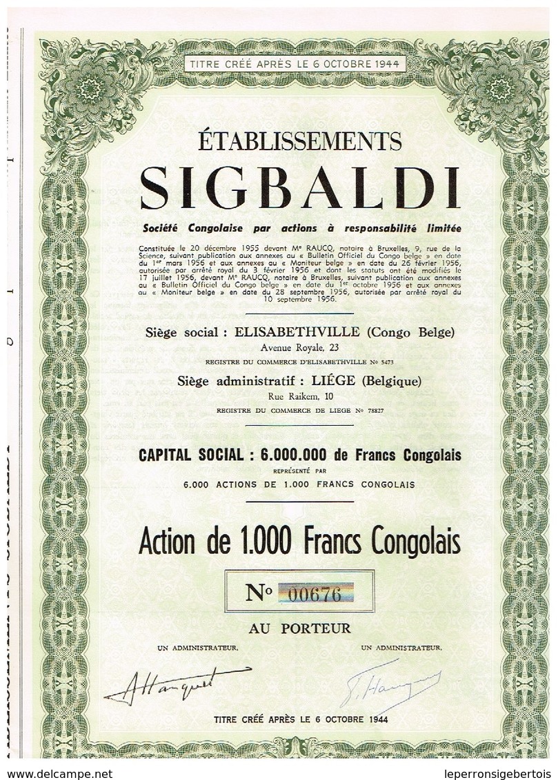 Action Ancienne - Congo - Etablissements Sigbaldi  - Titre De 1956 - Afrique