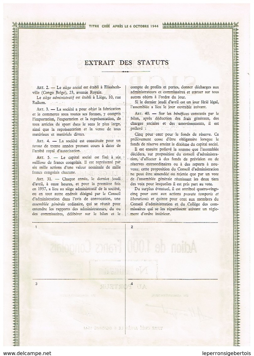 Action Ancienne - Congo - Etablissements Sigbaldi  - Titre De 1956 - Afrique