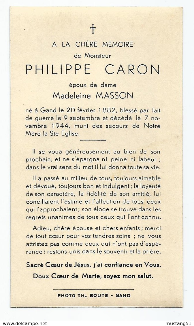 Doodsprentje Oorlogsslachtoffer Philippe Caron Gent 1944 - Images Religieuses