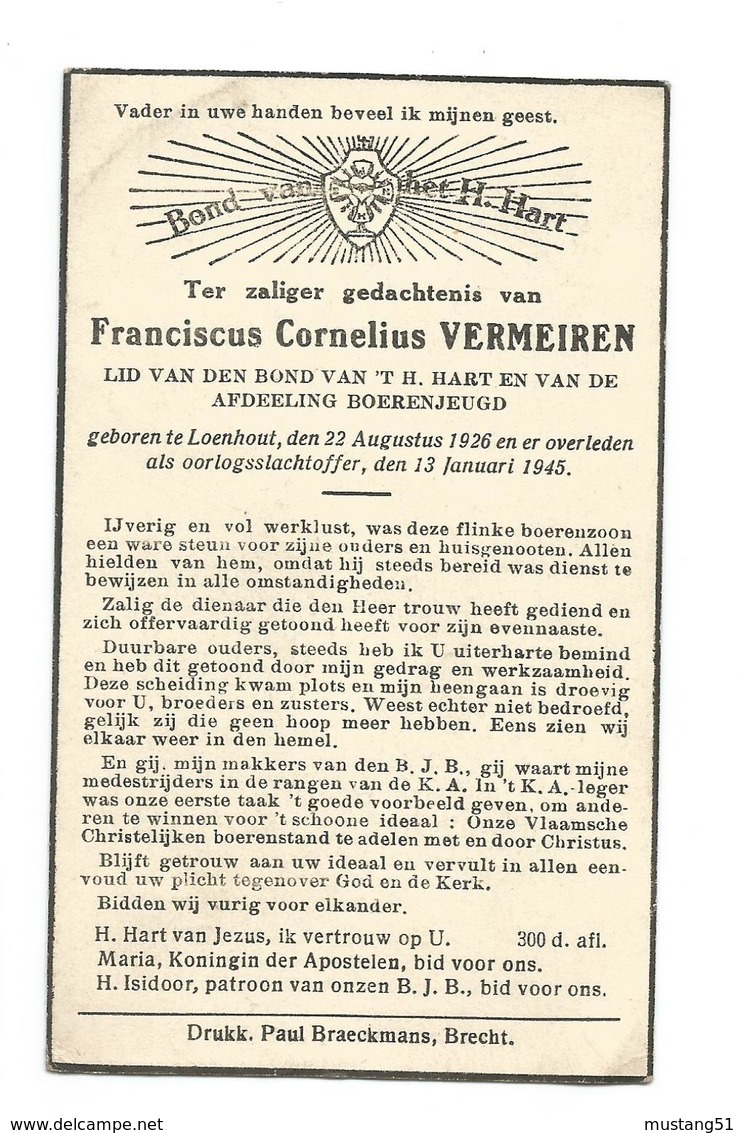 Doodsprentje Oorlogsslachtoffer Frans Vermeiren Loenhout 13 Januari 1945 - Santini