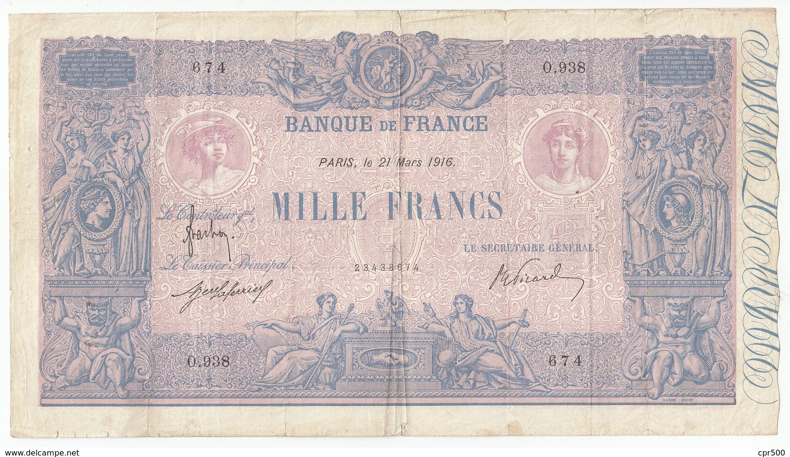 1000 Francs Bleu Et Rose Type 1889, F36.29/30, P67, 21/03/1916, AlphabetO.938, Etat :B+ - 1 000 F 1889-1926 ''Bleu Et Rose''