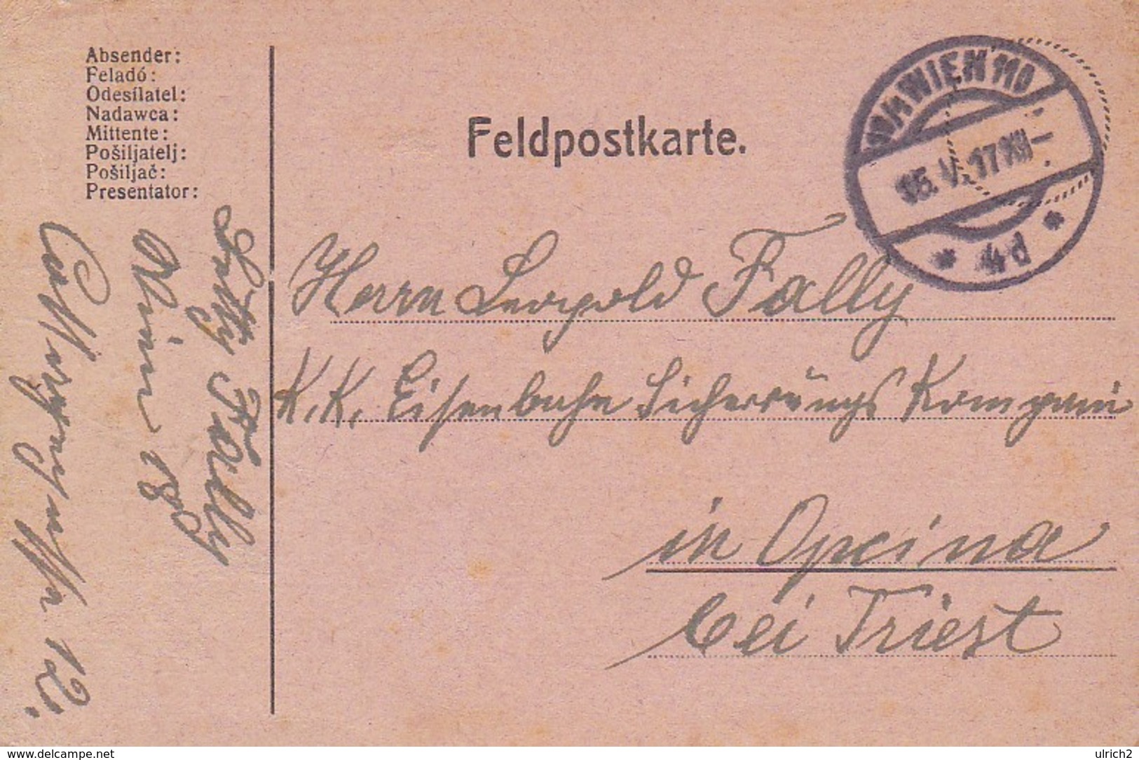 Feldpostkarte Wien Nach K.k. Landsturm Eisenbahn Sicherungs Kompagnie Opcina - 1917 (36057) - Briefe U. Dokumente