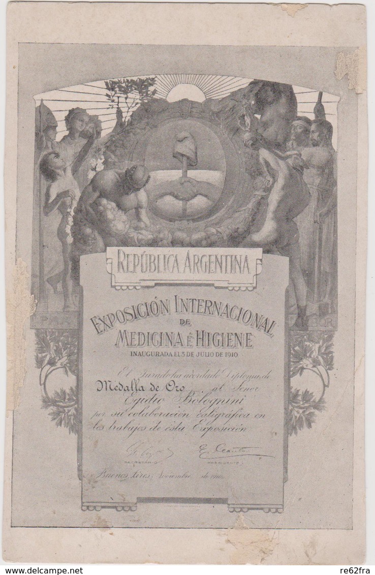 Expo Int. De Medicina E Higiene 1910, Medalla De Oro Egidio Bolognini, Firma Autografa, Argentina - F.p. - Argentina