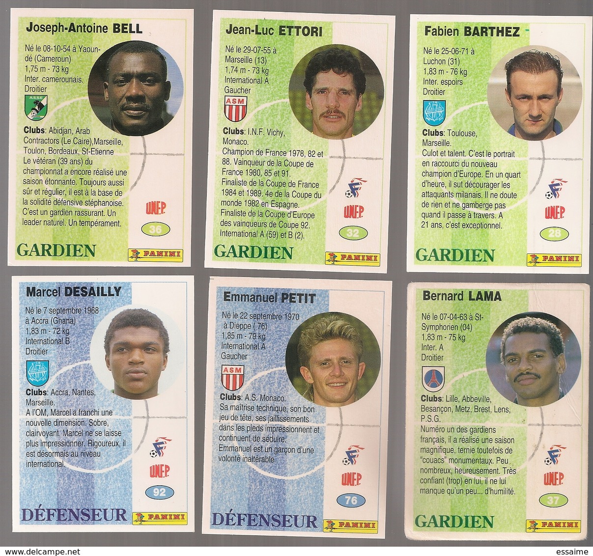 6 Cartes Panini Football 1994 Cards Official. Barthez Bell Ettori Desailly Emmanuel Petit Lama - Other & Unclassified