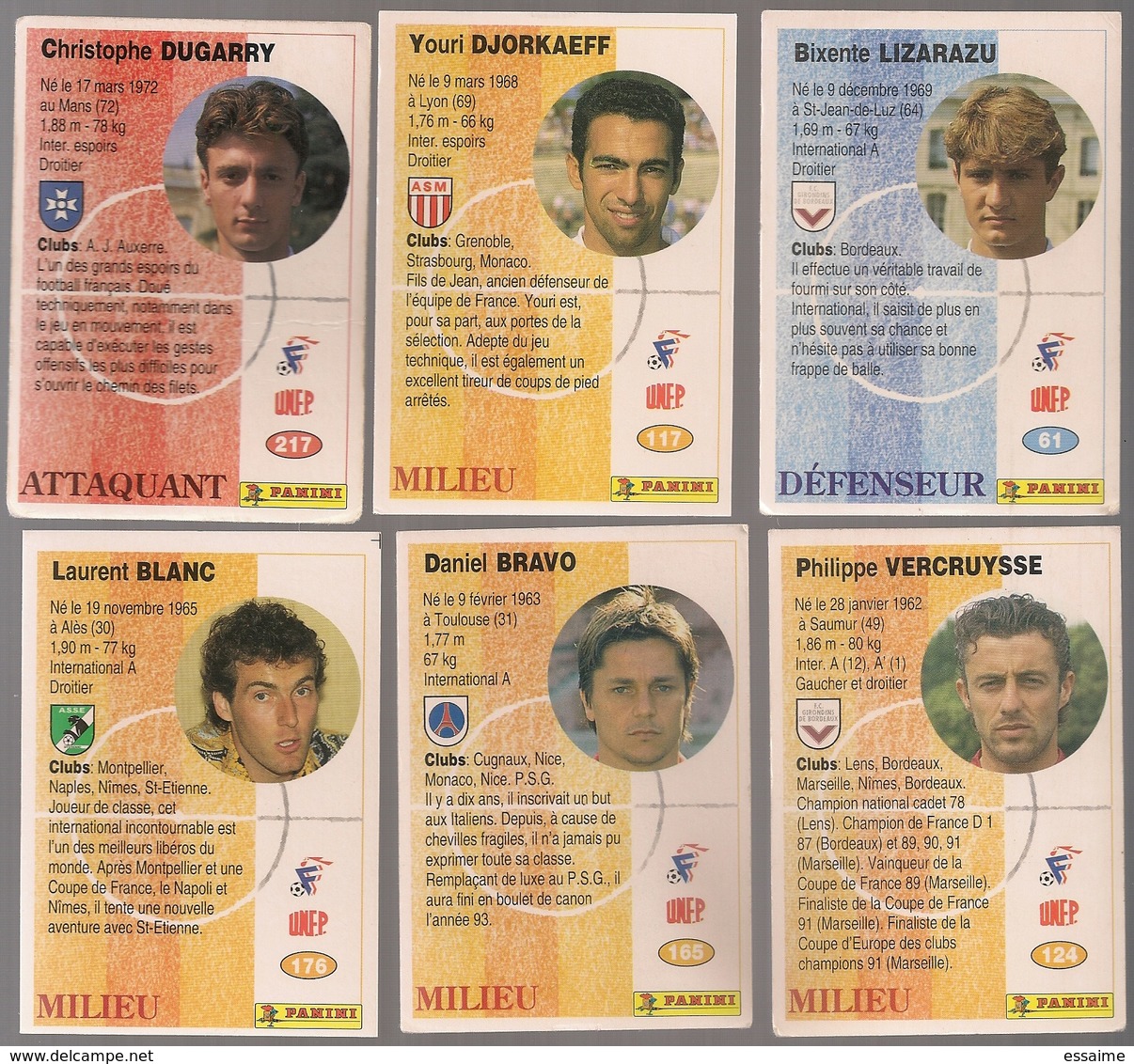 6 Cartes Panini Football 1994 Cards Official. Lizarazu Dugarry Djorkaeff Vercruysse Laurent Blanc Bravo - Other & Unclassified