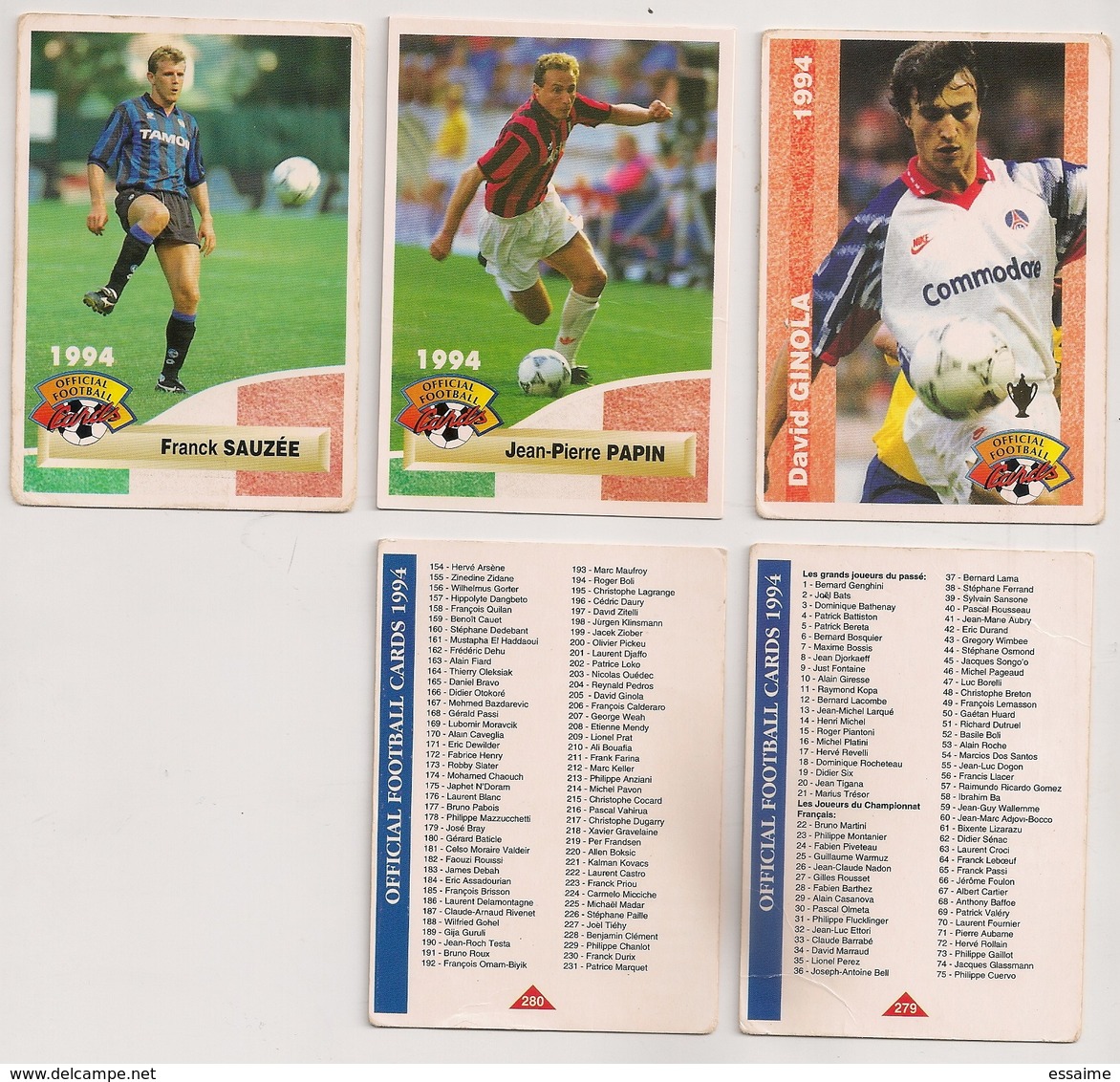 5 Cartes Panini Football 1994 Cards Official. Ginola Sauzée Papin = 2 Cartes Liste Des Joueurs - Other & Unclassified