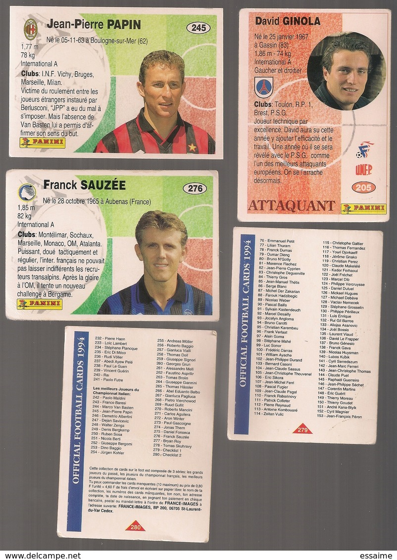 5 Cartes Panini Football 1994 Cards Official. Ginola Sauzée Papin = 2 Cartes Liste Des Joueurs - Other & Unclassified