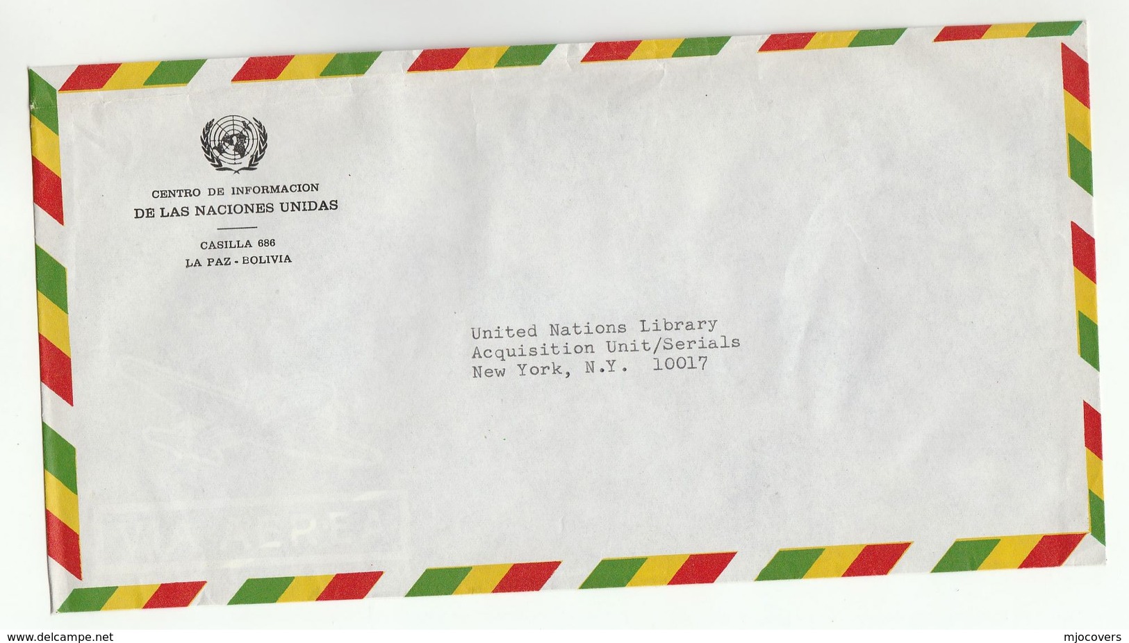 UN In BOLIVIA UNIC LA PAZ COVER To  UN NY USA United Nations - Bolivia