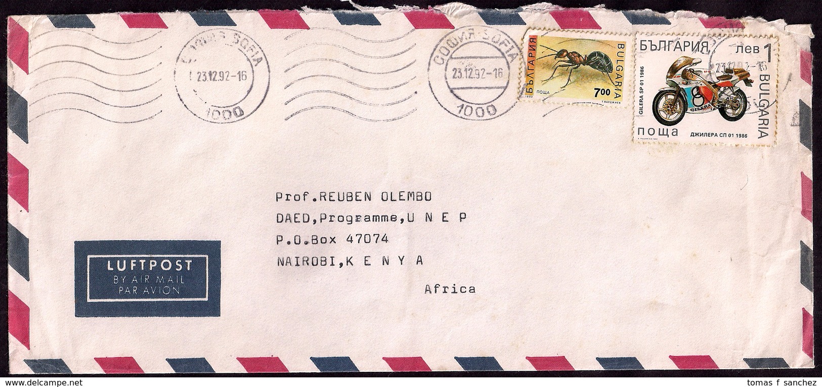 Bulgarie - 1992 - Lettre - Lettre Circulée Au Kenya Avec Des Timbres De Gilera Moto Et Fourmi - Storia Postale