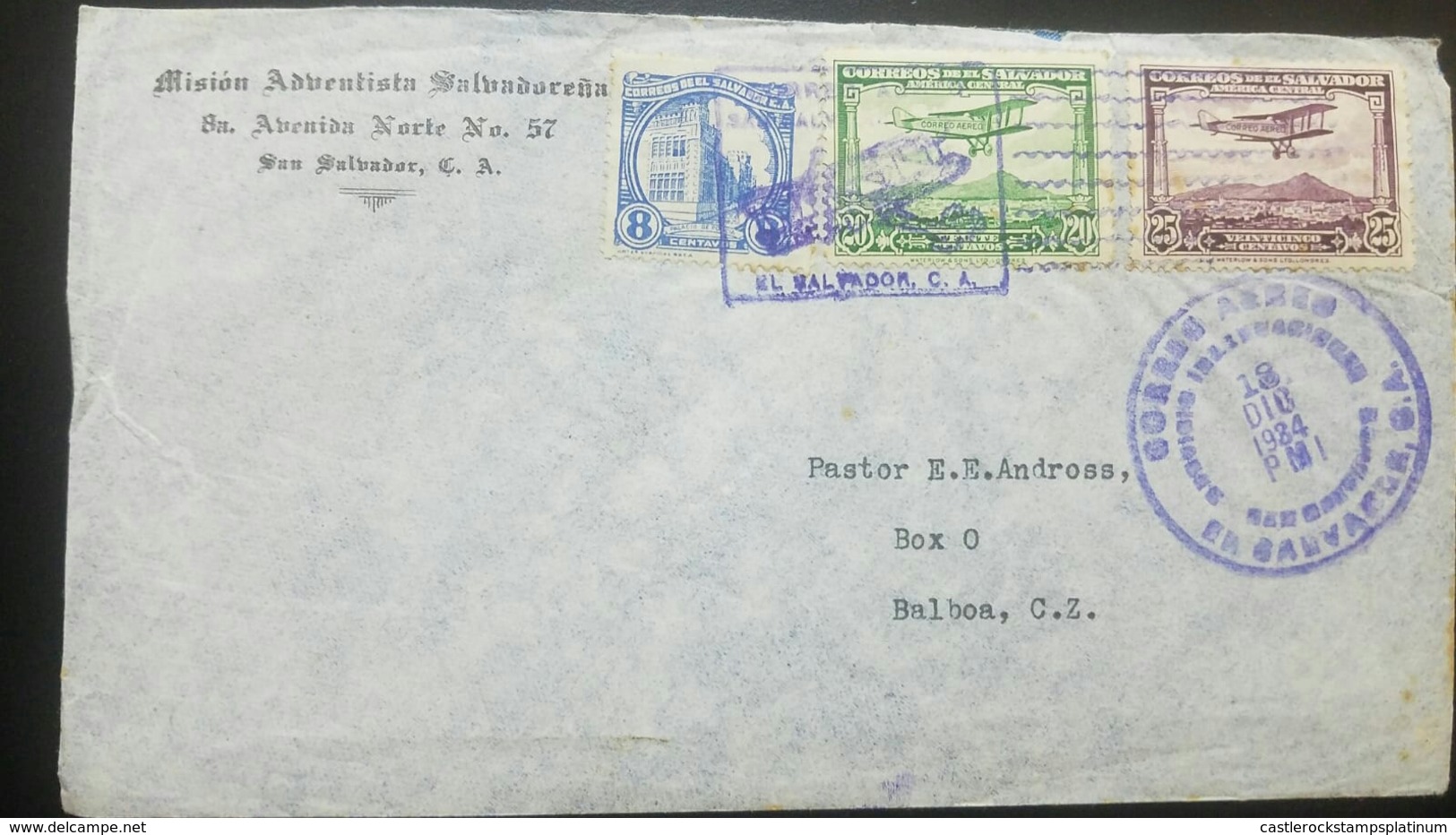 O) 1934 EL SALVADOR, POLICE BARRACKS SCT. A123, MAIL PLANE OVER SAN SALVADOR SCT AP1, MISION ADVENTISTA, COVER TO CANAL - El Salvador