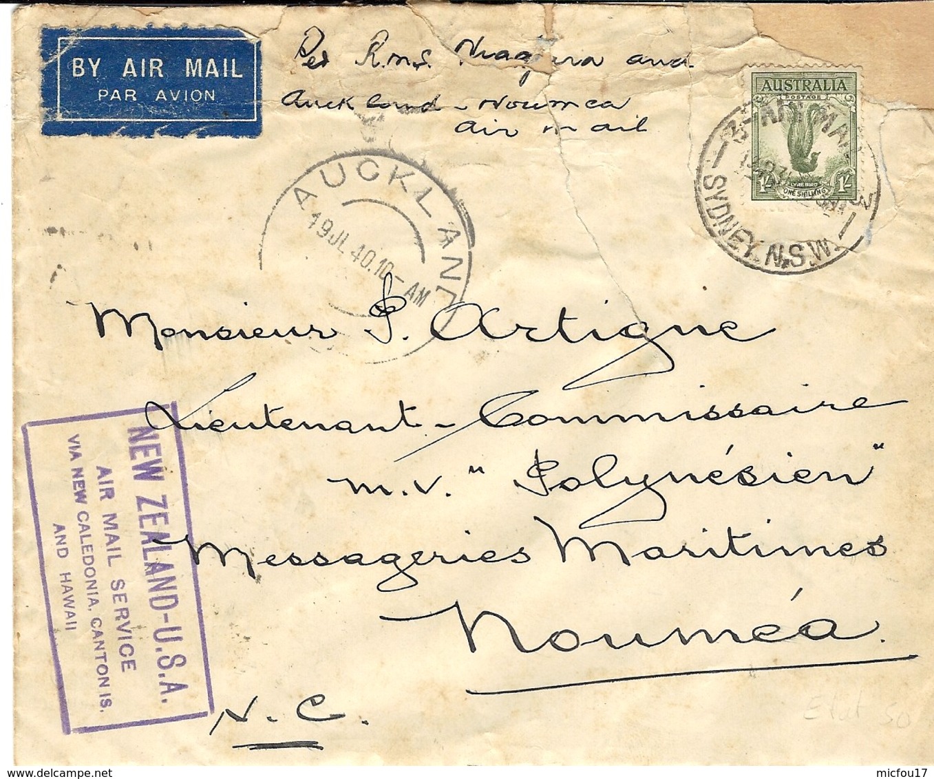 19-7-40 - Cover From AUCKLAND To Nouméa - Luchtpost