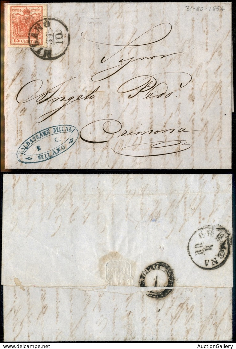 20016 ANTICHI STATI - LOMBARDO VENETO - 15 Cent (6) – Lettera Da Milano A Cremona Del 31.10.54 - Sonstige & Ohne Zuordnung