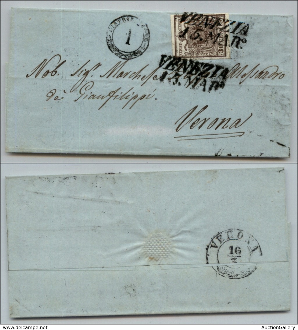 20019 ANTICHI STATI - LOMBARDO VENETO - 1850 - 30 Cent Bruno (7) Su Letterina Da Venezia A Verona (160) - Altri & Non Classificati