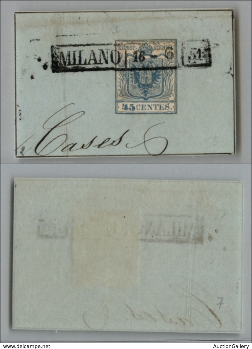 20025 ANTICHI STATI - LOMBARDO VENETO - 1850 - Lilliput - 45 Cent Azzurro (10) Ritagliato Lungo Il Disegno - Annullo In  - Autres & Non Classés