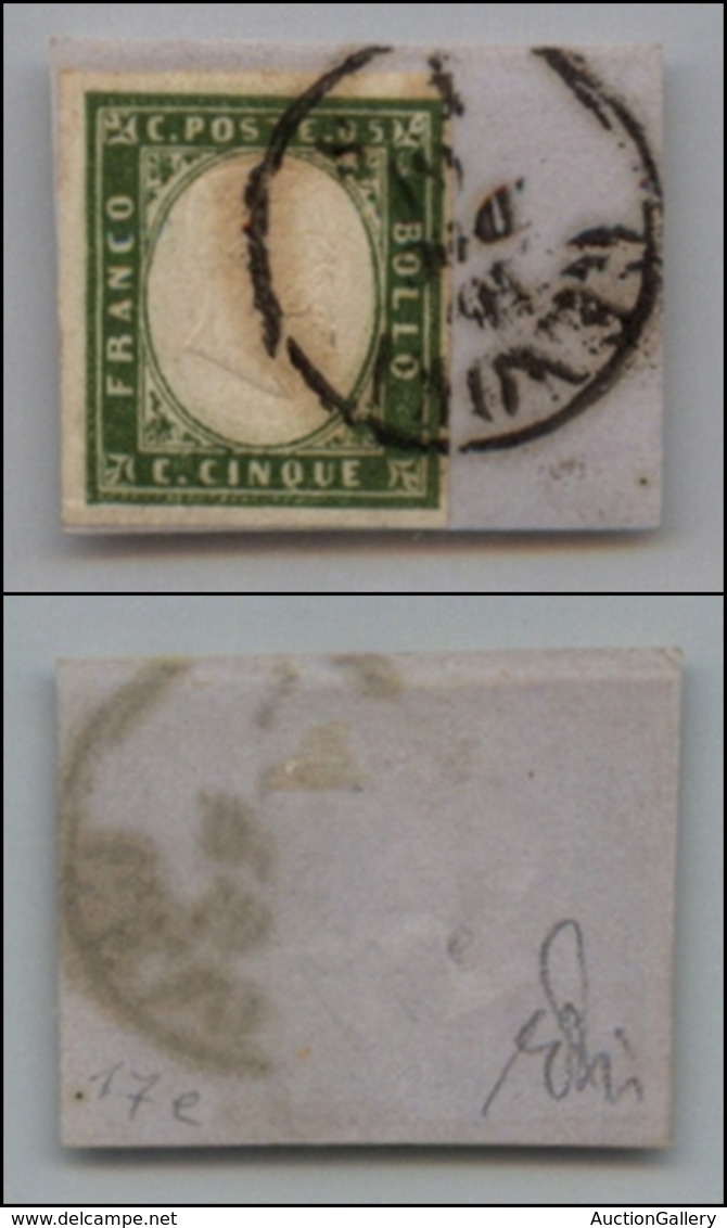 20233 ANTICHI STATI - SARDEGNA - 1861 - 5 Cent Verde Oliva Giallastro (13Cc) Su Frammento (150) - Andere & Zonder Classificatie