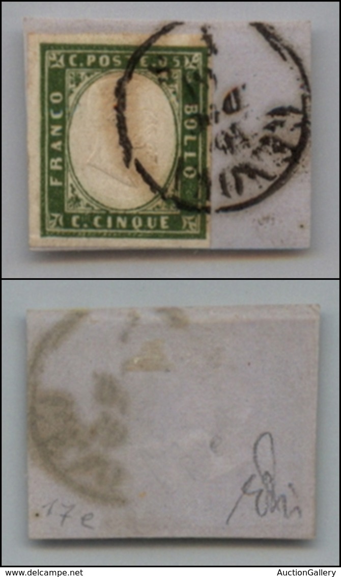 20233 ANTICHI STATI - SARDEGNA - 1861 - 5 Cent Verde Oliva Giallastro (13Cc) Su Frammento (150) - Sonstige & Ohne Zuordnung