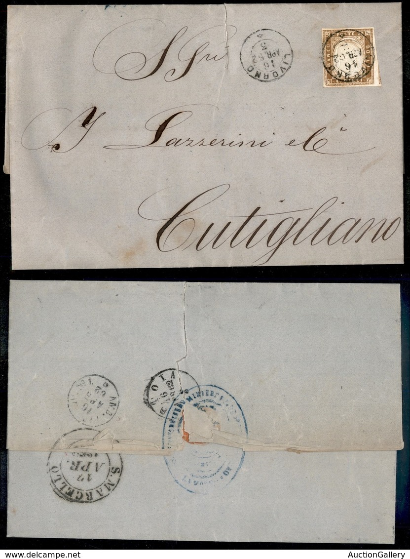 20250 ANTICHI STATI - SARDEGNA - 10 Cent (14Cg) – Lettera (con Strappo In Alto) Da Livorno A Cutigliano Del 16.4.62 - Autres & Non Classés