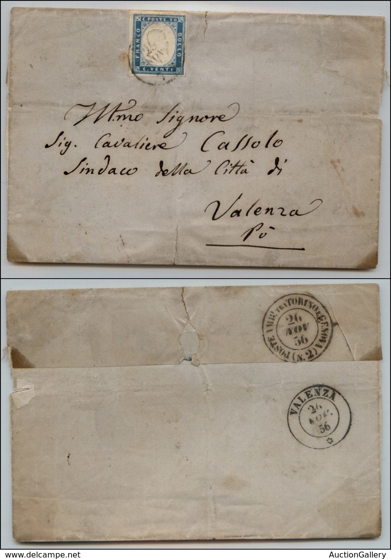 20272 ANTICHI STATI - SARDEGNA - 1855 - 20 Cent Cobalto Latteo (15ca) Su Involucro A Fascia Da Asti A Valenza Del 25.11. - Autres & Non Classés