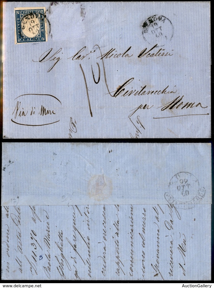 20287 ANTICHI STATI - SARDEGNA - 20 Cent (15Cb) - Lettera Da Genova A Roma (Via Di Mare - Al Retro) Del 19.10.60 - Tassa - Autres & Non Classés