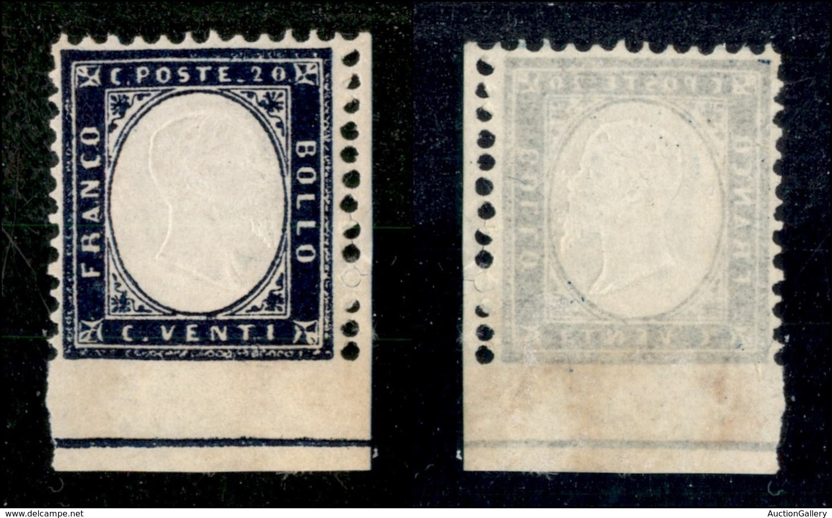 20475 REGNO D'ITALIA - VITTORIO EMANUELE II - 1862 - 20 Cent (2l) Angolo Integrale Di Foglio (pos.50) Con Riga Di Colore - Autres & Non Classés
